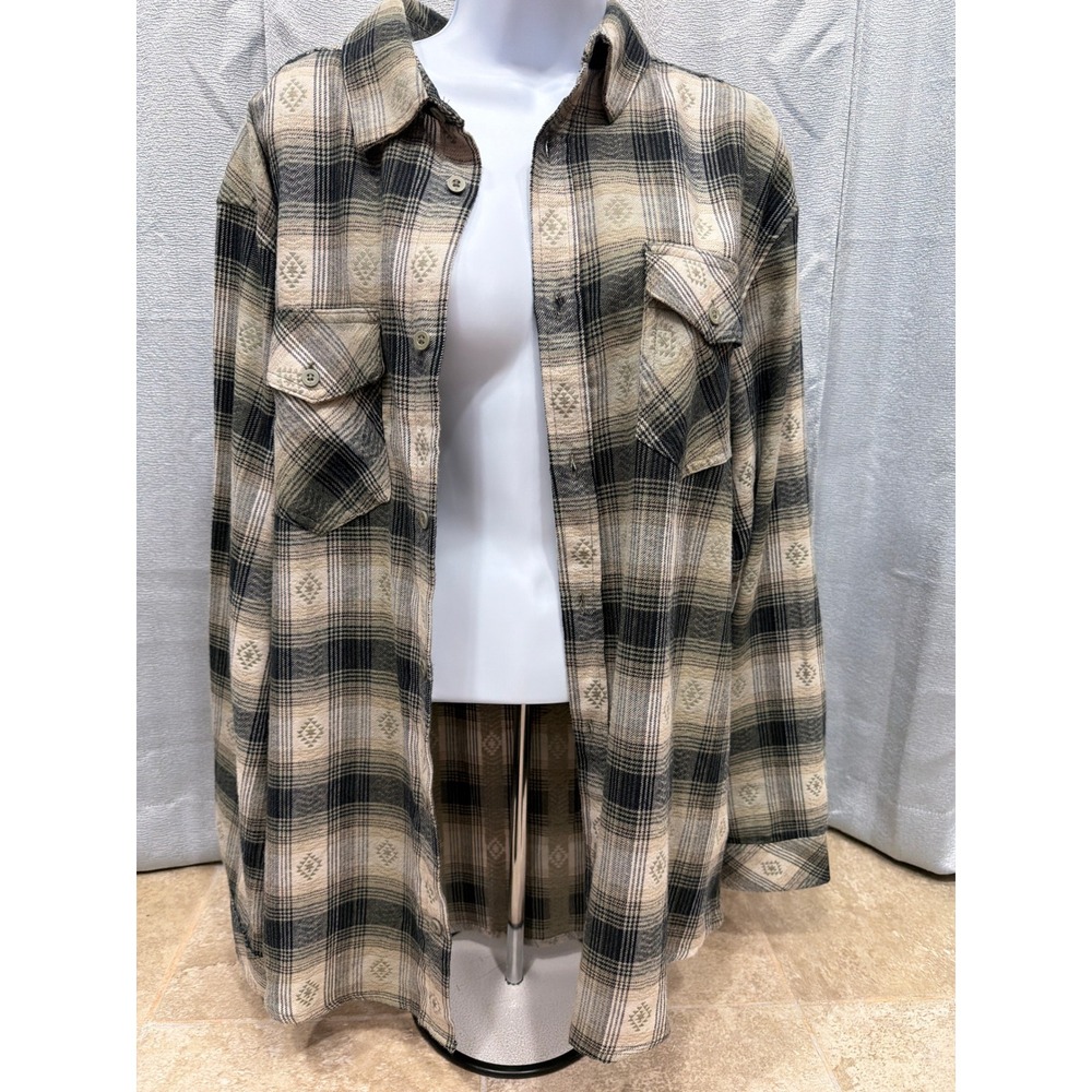 Hurley Womens Large Plaid Embroidered Button Down Shirt Tan Black Olive Green